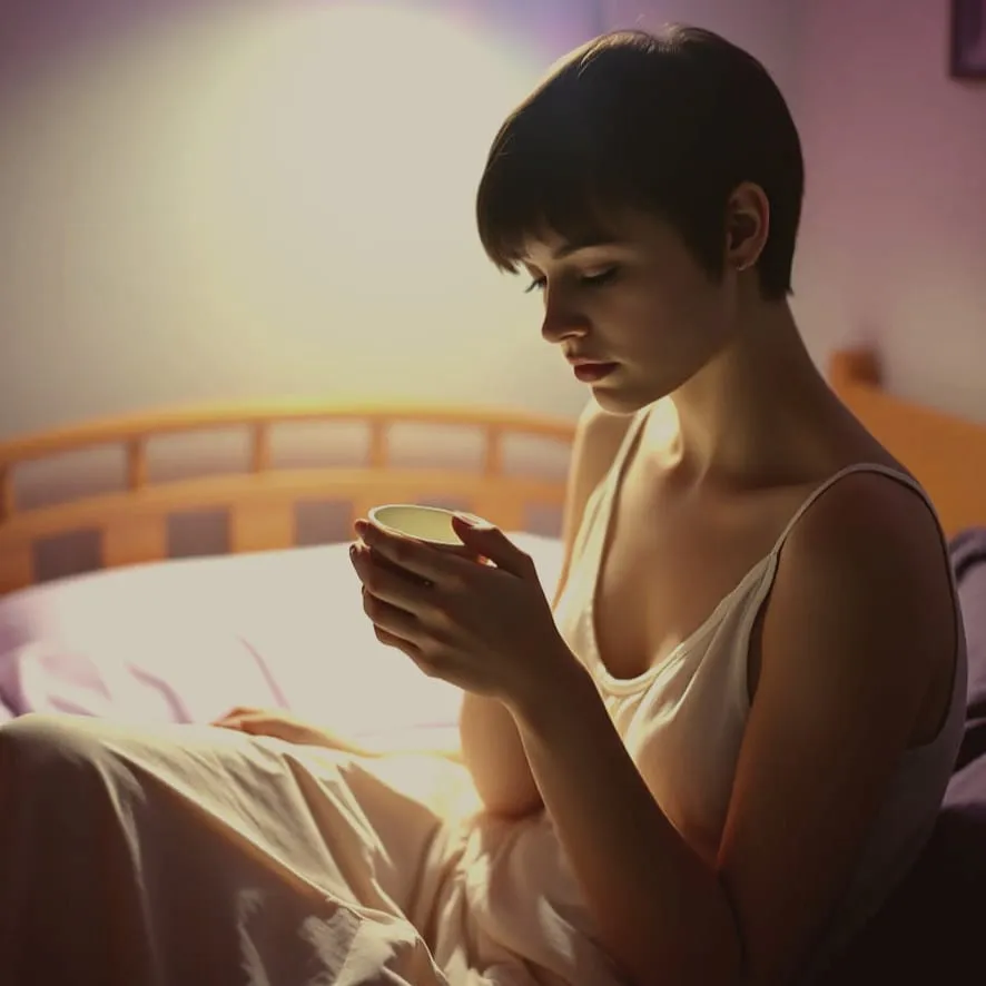 Enya (or Demi Moore as Molly in Ghost 1990) holding a warm cup sitting on a bed