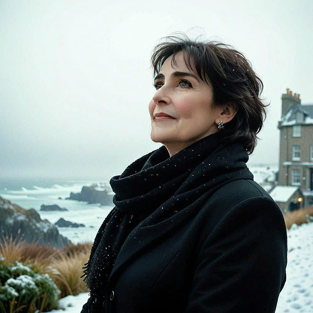 Enya looks most similar, watching the snow from the Irish Sea coastline near her castle 