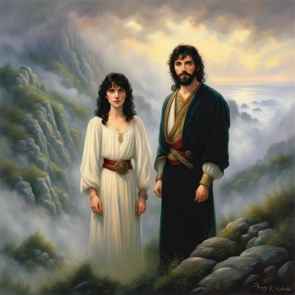 Enya's brother Ciarán, with bobbed black hair and a beard, in the late 1970s, in his late 20s, standing on a stormy hill...'s brother Ciarán, with bobbed black hair and a beard, in the late 1970s, in his late 20s, standing on a stormy hill...